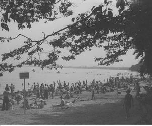 Plażowicze podczas wypoczynku na morzem Bałtyckim. Widoczne wydzielone kąpielisko, w tle molo. Zdjęcie zrobione w okresie 1918-1939
