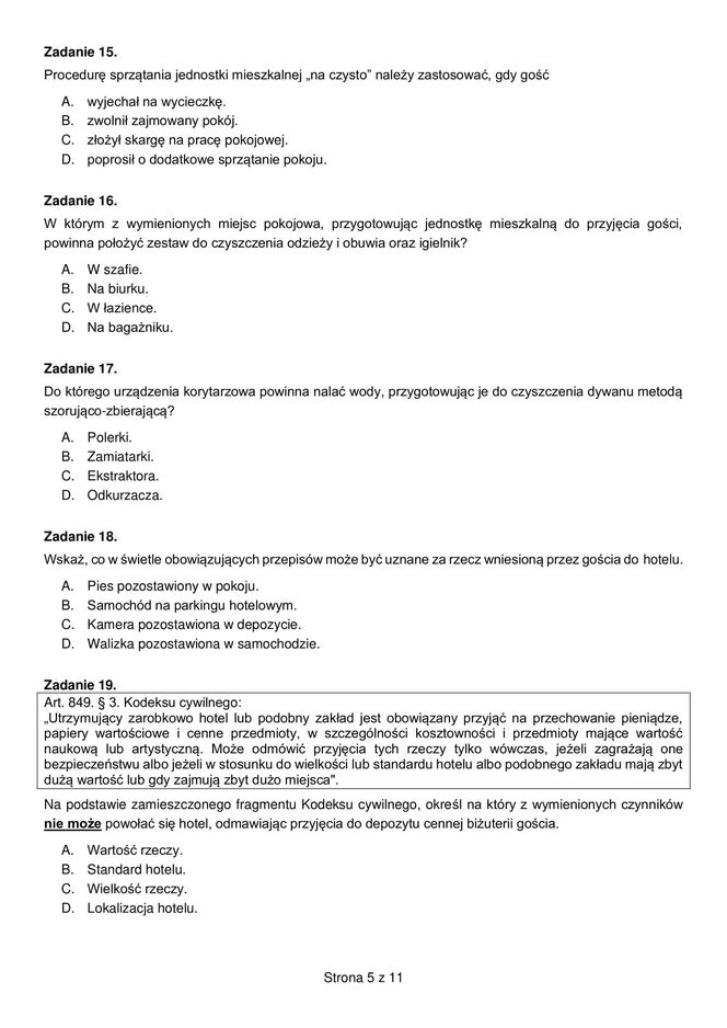 Egzamin zawodowy technik hotelarstwa - przykładowe zadania. Nazwa kwalifikacji: Obsługa gości w obiekcie świadczącym usługi hotelarskie