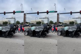 Tesla Model X rozpadła się na pół! Przerażający wypadek z udziałem sportowego Nissana GT-R - WIDEO