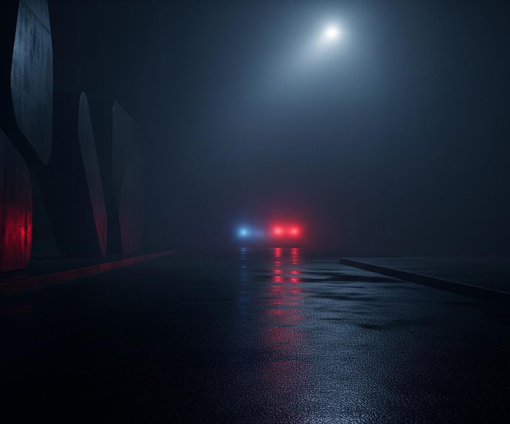 Droga o mokrej, nieregularnej powierzchni rozciąga się w głąb ciemnego otoczenia, odbijając światła. Po lewej stronie wznosi się ciemna, teksturowana ściana o nieregularnym kształcie, oświetlona od dołu czerwoną poświatą. W oddali, na wprost, majaczą niebieskie i czerwone światła, tworzące refleksy na mokrej nawierzchni, a nad nimi, wysoko w centrum, świeci białe, rozproszone światło. Całość pogrążona jest w mroku i gęstej, niebieskawej mgle.