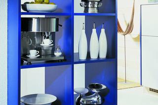 NIebieski kolor w kuchni - niebieska kuchnia z regałem