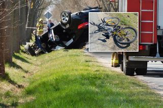 15-latek wpadł pod samochód, cztery osoby ranne. Dachowanie BMW po zderzeniu z rowerzystą