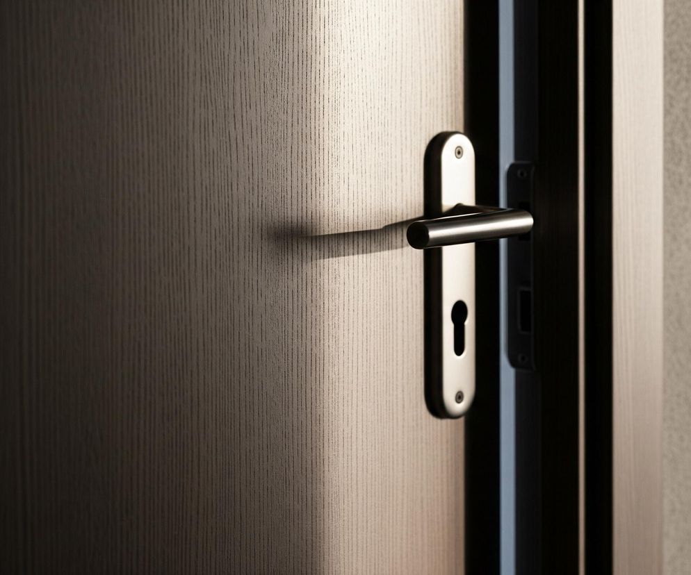 Centralny punkt obrazu to klamka w kolorze szczotkowanego metalu, zamontowana na drewnianych drzwiach. Klamka jest skierowana poziomo w prawo, a pod nią znajduje się otwór na klucz. Po lewej stronie drzwi są ciemniejsze, cieniowane, a w kierunku klamki i dalej w prawo stają się jaśniejsze, oświetlone, ukazując delikatną teksturę drewna z pionowymi słojami. Tuż za krawędzią drzwi widoczna jest ciemna ościeżnica, a po prawej stronie obrazu widać fragment ściany w neutralnym, jasnym kolorze.