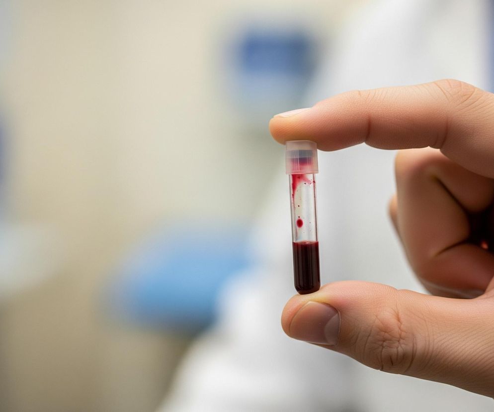 Prawa część obrazu zajmuje ludzka dłoń w jasnym odcieniu skóry, trzymająca pionowo niewielką, przezroczystą fiolkę. Fiolka jest zakorkowana jasnym, półprzezroczystym korkiem i zawiera ciemnoczerwoną ciecz na dnie oraz kilka kropli tej samej cieczy na wewnętrznych ściankach. W tle widać rozmyte, jasne pomieszczenie z niebieskimi akcentami, co może sugerować laboratoryjne otoczenie.