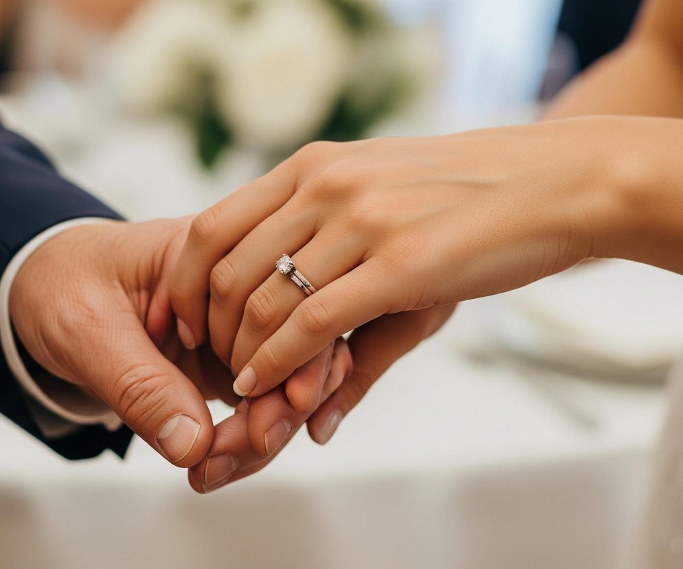 Dwie dłonie, męska i damska, splecione są ze sobą, widoczne w centralnej części kadru. Męska dłoń, po lewej stronie, ubrana jest w ciemnogranatowy garnitur z białą koszulą. Damska dłoń, po prawej, ma na palcu serdecznym srebrny pierścionek z dużym, okrągłym diamentem otoczonym mniejszymi kamieniami, a jej przedramię pokrywa fragment białej, koronkowej sukni. Tło jest rozmyte, ale widać na nim białe obrusy i zastawę stołową.