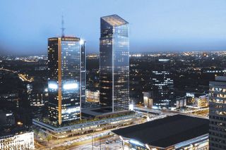 Wizualizacja Lilium Tower obok dawnych budynków Marriotta i Elektrimu