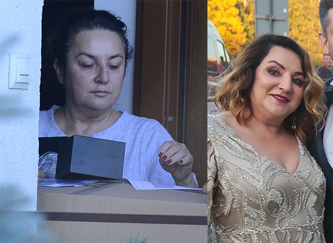 Przybita Danuta Martyniuk bez makijażu odbiera przesyłkę od synowej