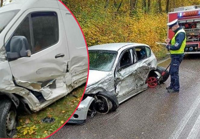 Groźny wypadek na Kaszubach. Czołowe zderzenie osobówki z dostawczakiem. Są poszkodowani