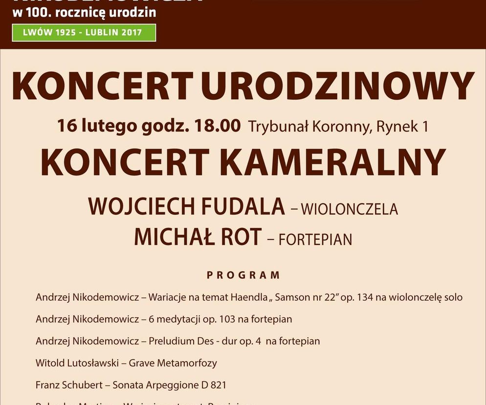 Koncert kameralny z okazji 100. rocznicy urodzin Andrzeja Nikodemowicza - plakat 