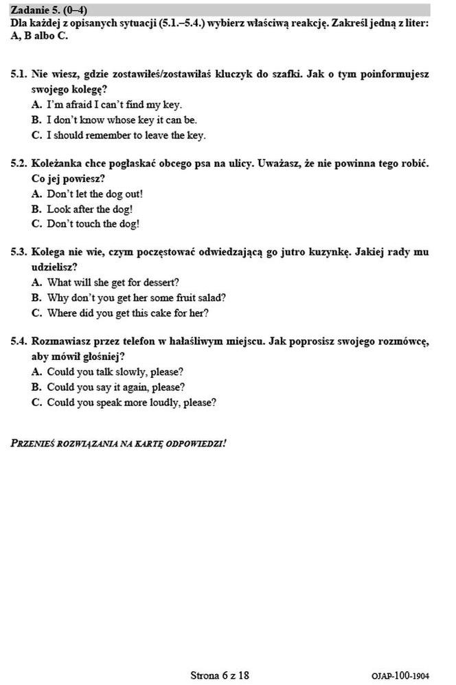 Egzamin ósmoklasisty 2019- język angielski arkusz