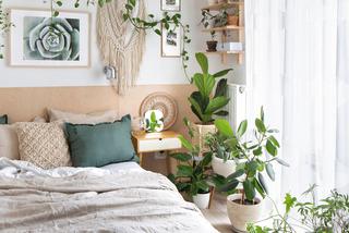 Sypialnia w stylu boho, z roślinami