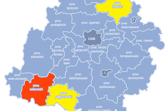 Nowe powiaty w województwie łódzkim w ŻÓŁTEJ strefie