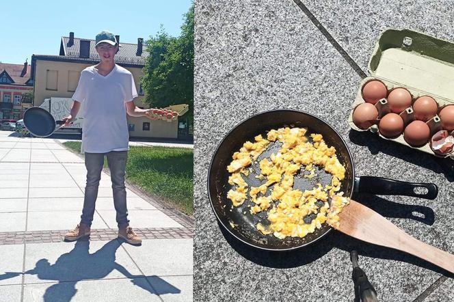 Krzeszowice: 19-letni Kacper usmażył na rynku jajecznicę. Posłużył mu rozgrzany beton