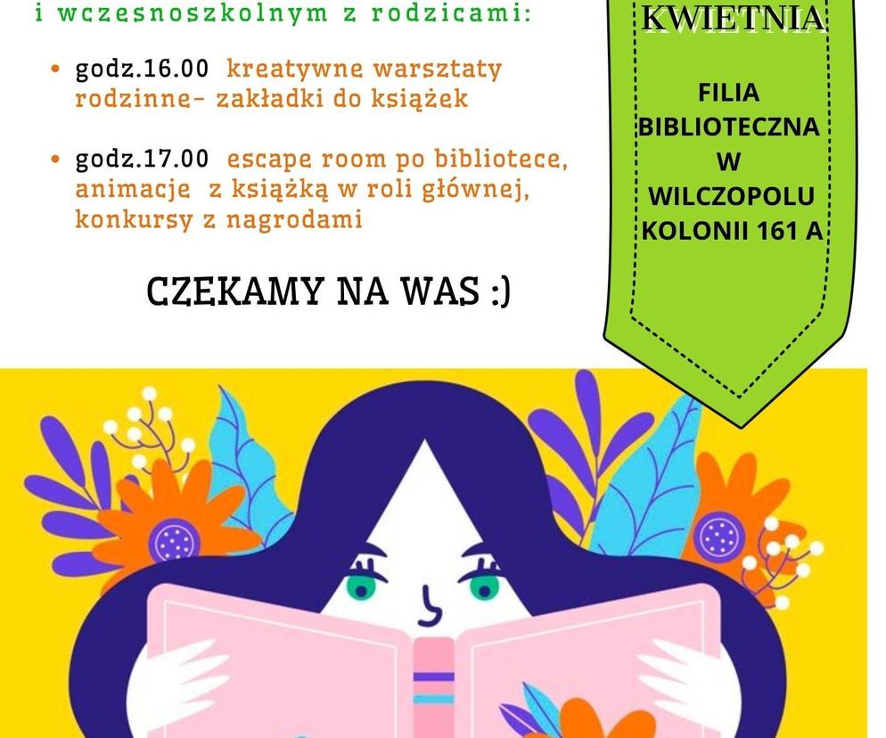Plakat promujący Światowy Dzień Książki w Filii Bibliotecznej w Wilczopolu Kolonii