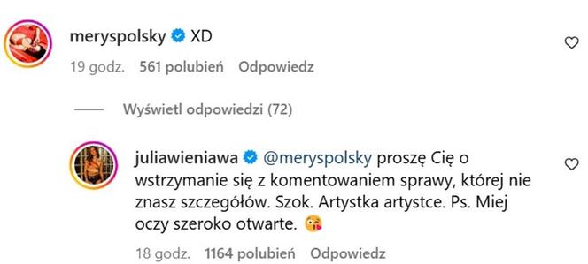 Julia Wieniawa nie wytrzymała. Odpowiedziała na kąśliwy komentarz Mery Spolsky. Miej oczy szeroko otwarte