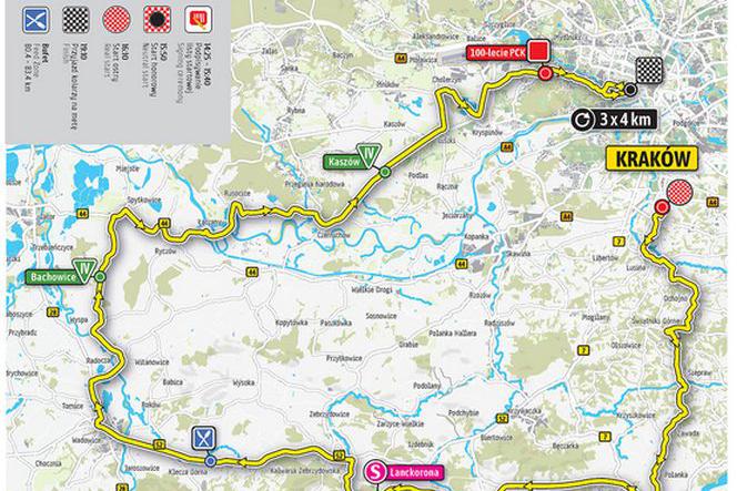 auto trasa mapa Tour de Pologne 2018: I etap. Trasa Kraków   Kraków 4 sierpnia  auto trasa mapa