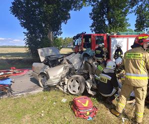 Wypadek pod Pabianicami. Mercedes rozpadł się na pół po uderzeniu w drzewo [ZDJĘCIA].