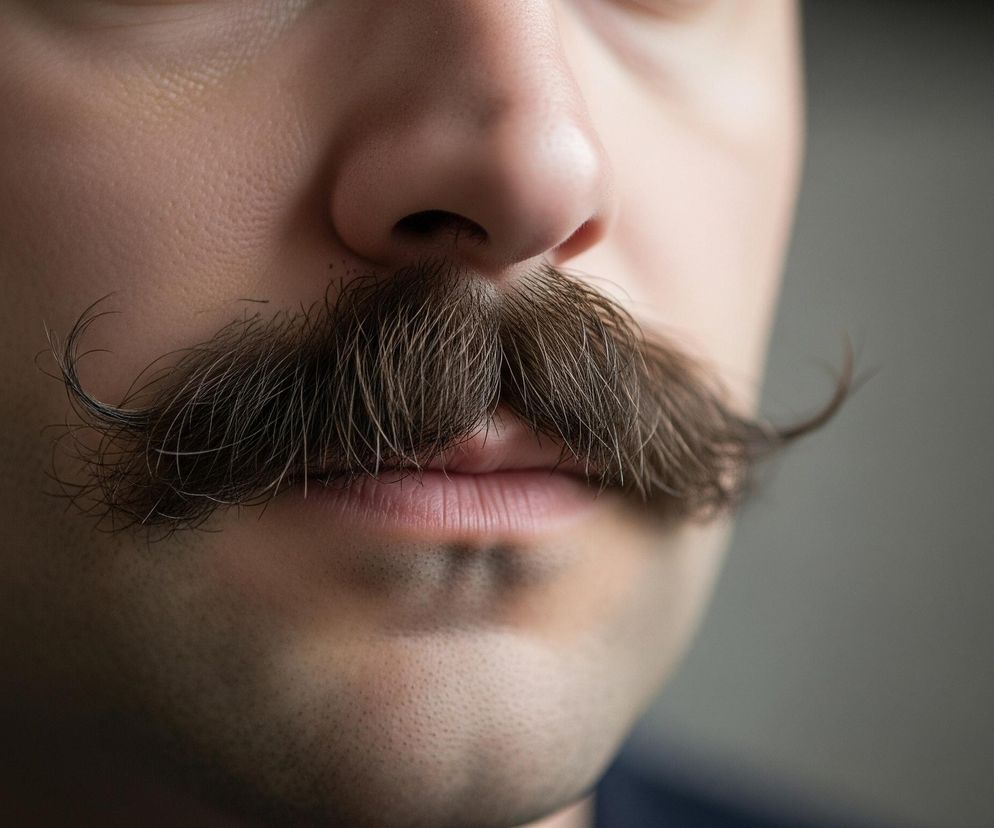 Centralnym elementem jest bujny, brązowy wąs typu „wąsy podkowiaste” lub „kierownica”, równo przystrzyżony i zawinięty na końcach ku górze. Wąs pokrywa górną wargę mężczyzny, której zarys jest częściowo widoczny poniżej, podobnie jak część nosa powyżej wąsa. Twarz mężczyzny ma jasną karnację i jest lekko zaróżowiona, z widocznymi porami skóry. Lewa strona obrazu jest ciemniejsza, podczas gdy prawa strona jest jaśniejsza, z rozmytym, szarawym tłem.