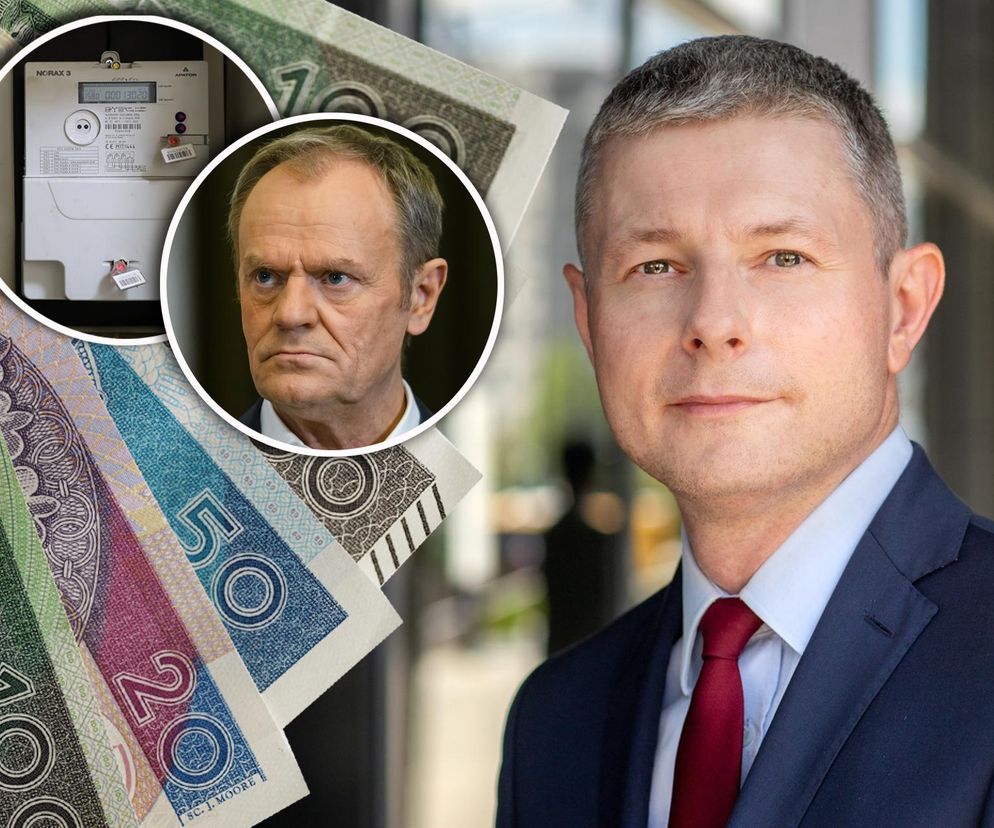 Analityk rynków eToro Paweł Majtkowski, którego analiza dla Super Biznes dotyczy podwyżek cen energii. W tle widoczne polskie banknoty, licznik prądu oraz portret Donalda Tuska, co podkreśla wpływ polityki na koszty życia i inflację.