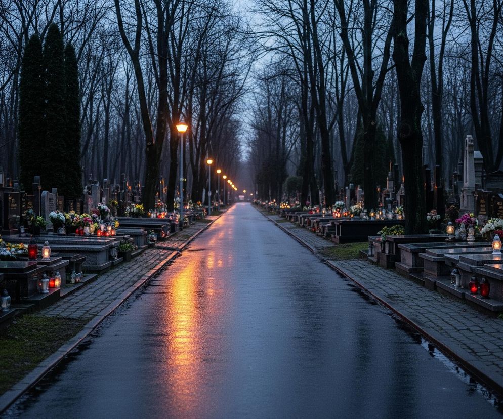 Długa, mokra aleja przecina cmentarz, z nagrobkami i świecącymi zniczami po obu stronach. W oddali widać szereg ulicznych lamp, których ciepłe światło odbija się na wilgotnej nawierzchni drogi, tworząc pomarańczowe smugi. Po lewej stronie, blisko pierwszego planu, znajduje się znak drogowy z czerwoną obwódką i białym tłem, częściowo zasłaniający widok na cmentarz. Ciemne, bezlistne drzewa otaczają aleję, zlewając się z ponurym, zachmurzonym niebem.