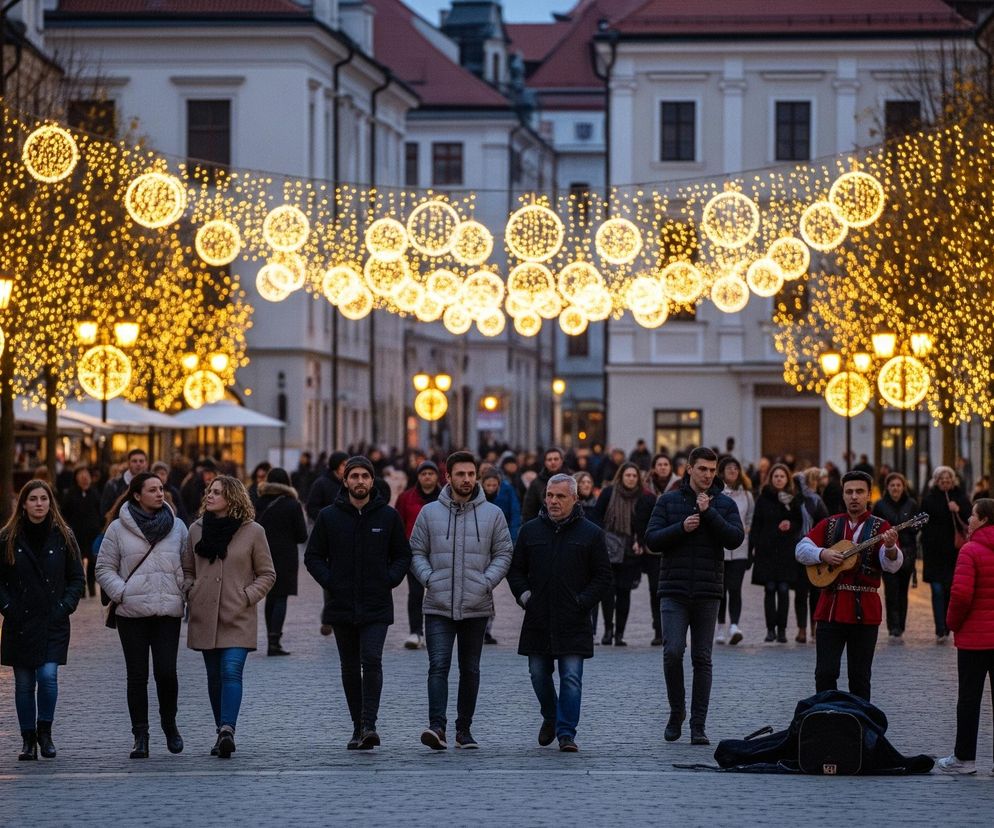 Ulicą wyłożoną kostką brukową spaceruje wiele osób, oświetloną rzędem jasnożółtych, kulistych ozdób świątecznych zawieszonych nad głowami. Ozdoby te ciągną się wzdłuż ulicy, łącząc się z lampami ulicznymi w tym samym stylu i drzewami udekorowanymi niezliczonymi małymi, migoczącymi światełkami. Po prawej stronie ulicy mężczyzna w tradycyjnym czerwonym stroju gra na lutni, a przed nim leży otwarty futerał na instrument. Za nim stoi mężczyzna z kamerą, celując w lewą stronę sceny. W tle widać rzędy budynków z dachem w kolorze terakoty i prostokątnymi oknami, a niebo jest szare i zamglone.