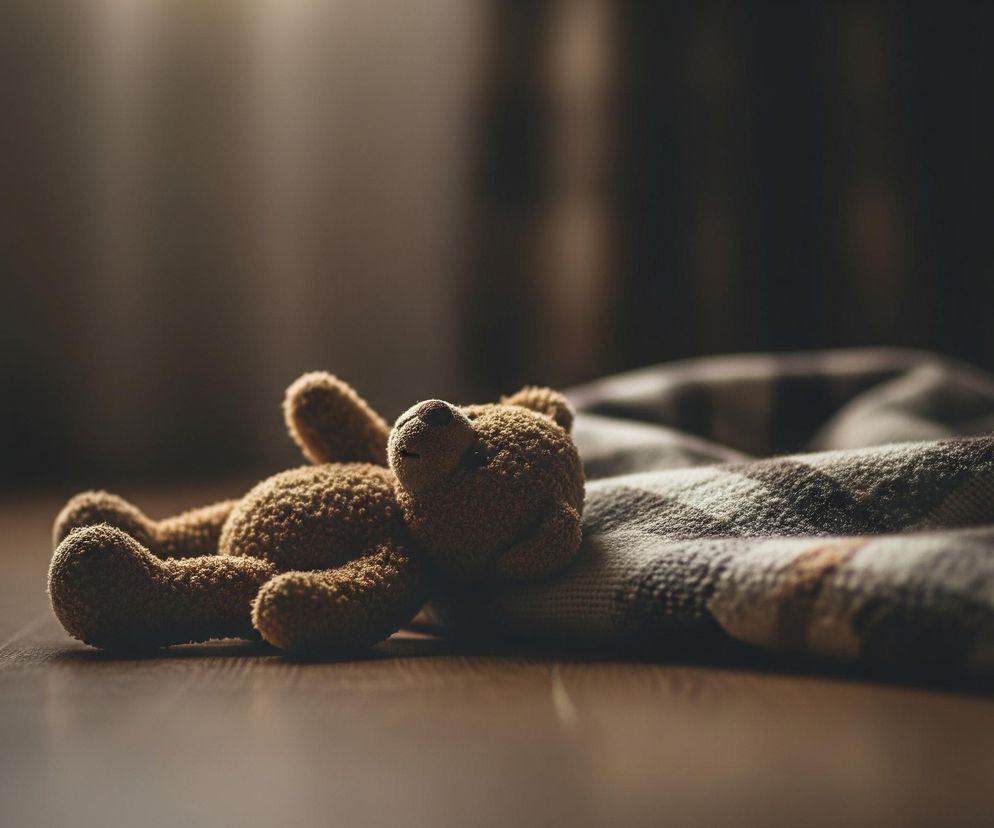 Brązowy pluszowy miś leży na boku na ciemnej drewnianej podłodze, częściowo przykryty kocem w kratę. Miś jest puszysty, z widoczną fakturą, a jego prawy policzek spoczywa na podłożu. Po prawej stronie misia rozciąga się koc w odcieniach brązu, beżu i szarości, tworząc fałdy. Tło jest rozmyte, ciemne, z jaśniejszym obszarem w górnej części.