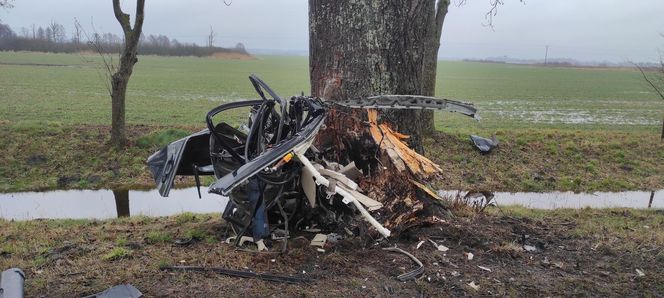 Z impetem wjechał w drzewo! Siła uderzenia rozerwała samochód