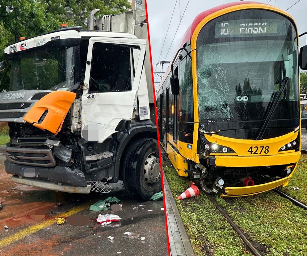 Dramatyczny wypadek w Warszawie. Młody kierowca śmieciarki wyleciał przez okno po zderzeniu z tramwajem