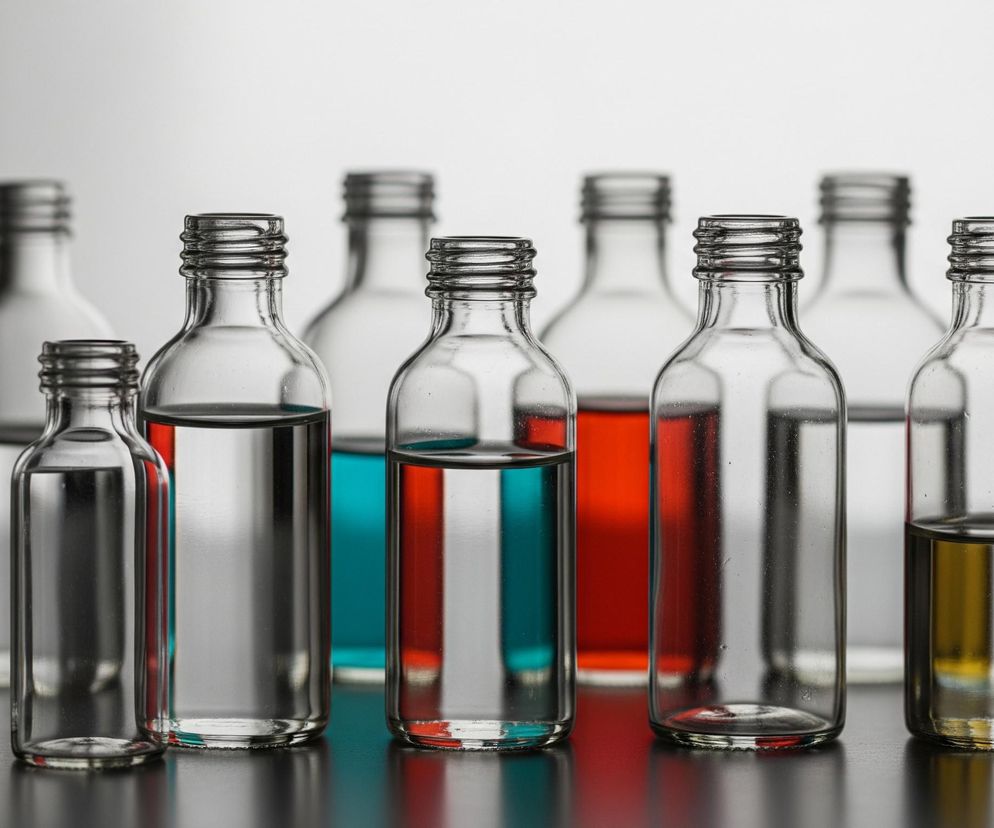 W rzędzie stoi trzynaście małych, przezroczystych szklanych butelek o cylindrycznych korpusach i gwintowanych szyjkach, bez korków. Na pierwszym planie znajduje się siedem butelek, niektóre z nich wypełnione są cieczami o różnych kolorach: przezroczystym, niebieskim, czerwonym i żółtym. Butelki rzucają odbicia na ciemnoszary, błyszczący stół, a za nimi rozpościera się jasne, białe tło.