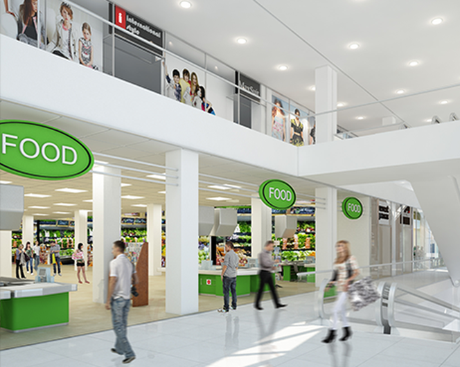 Wizualizacja supermarketu spożywczego w podziemiach galerii Ferio Wawer w Warszawie