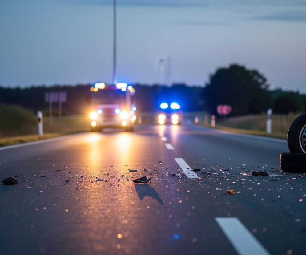 Ciemna, asfaltowa droga biegnie przez środek kadru, oświetlona pomarańczowym blaskiem reflektorów z przodu. Na pierwszym planie, po prawej stronie drogi, leżą dwa stosy opon samochodowych, z których górna opona jest wyraźnie widoczna z felgą. Na nawierzchni drogi rozrzucone są drobne, ciemne odłamki. W tle widać nadjeżdżające pojazdy ratunkowe z włączonymi, niebieskimi i pomarańczowymi światłami awaryjnymi, rozmyte przez niską głębię ostrości. Pobocze drogi porasta zieleń, a horyzont zakrywa ciemny las pod lekko zachmurzonym, niebieskawym niebem o zmierzchu.