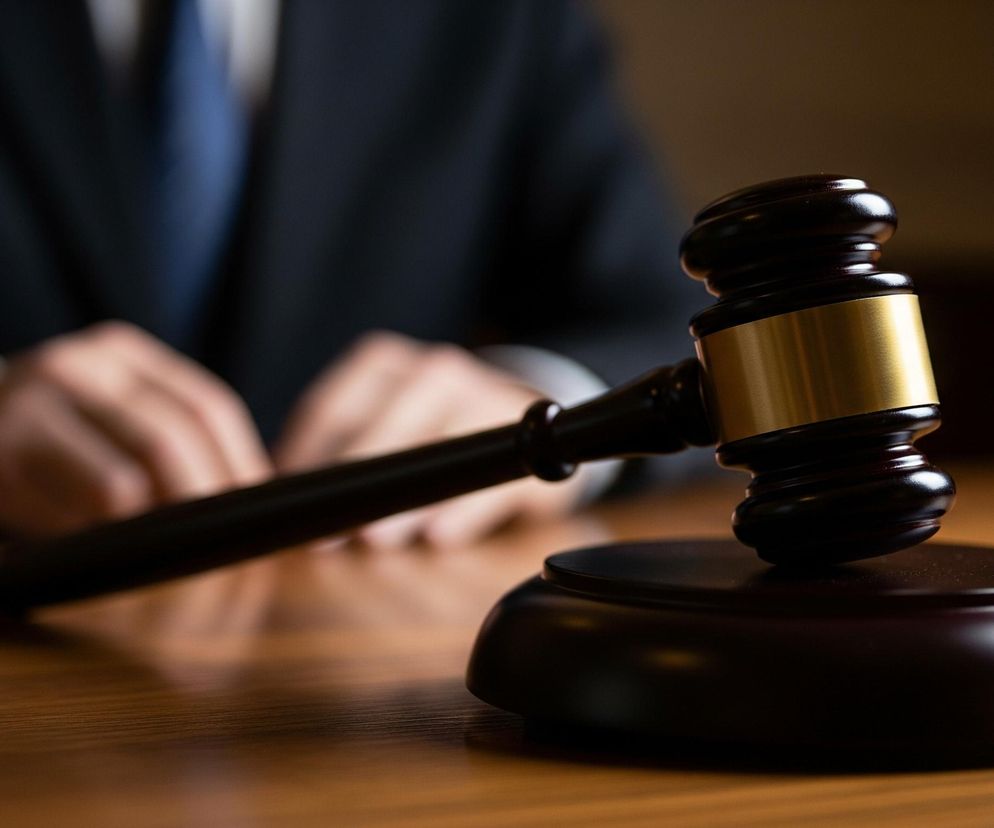 Dębowa drewniana pałka sędziowska, składająca się z młotka i podstawki, leży na wypolerowanym drewnianym stole. Młotek ma ciemnobrązową rączkę i główkę z wyraźnym, złotym, metalowym pierścieniem. Tło jest rozmyte, ukazując sylwetkę osoby w ciemnym garniturze i niebieskim krawacie, z dłońmi splecionymi na stole. Światło pada z góry, tworząc refleksy na drewnie i metalu.