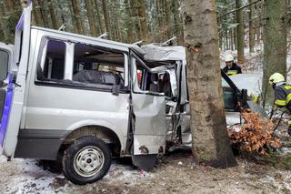 Potworny wypadek pod Krynicą-Zdrój! Nie żyje 32-latek ze Słowacji. Bus z 4 osobami rozbił się o drzewo [ZDJĘCIA]