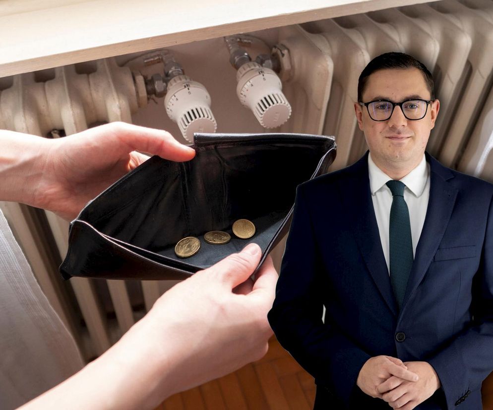 Minister Miłosz Motyka w okularach, w garniturze, na tle dłoni trzymających pusty portfel z monetami oraz kaloryfera. Obraz symbolizuje wysokie koszty energii i plany rządu dotyczące zamrożenia cen prądu oraz wprowadzenia bonu ciepłowniczego. Więcej o tych zmianach przeczytasz na portalu Super Biznes.