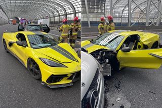 Żółty Chevrolet Corvette huknął w bariery i wjechał pod prąd! Zderzył się z dwoma samochodami [AKTUALIZACJA]