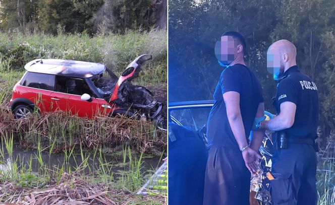 Mini Cooper w ogniu! Kierowca osobówki utknął w błocie i spalił auto