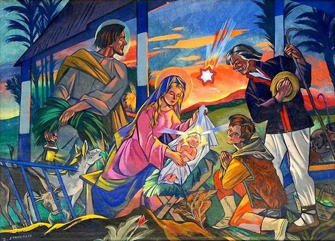 “Pokłon pasterzy”, mal. Zofia Stryjeńska, pocztówka z 1926 r.