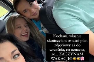 M jak miłość nowy sezon. Lenka (Olga Cybińska), Kinga (Katarzyna Cichopek), Piotrek (Marcin Mroczek), Misiek (Aleksander Bożyk) na planie