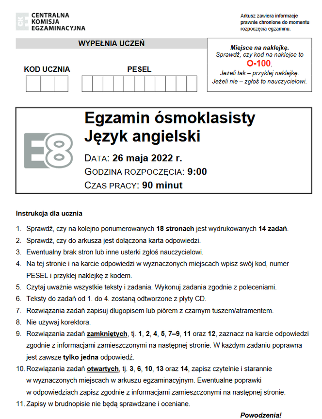 Egzamin ósmoklasisty 2022 język angielski - arkusz CKE