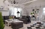 Salon z kuchnią w stylu skandynawskim