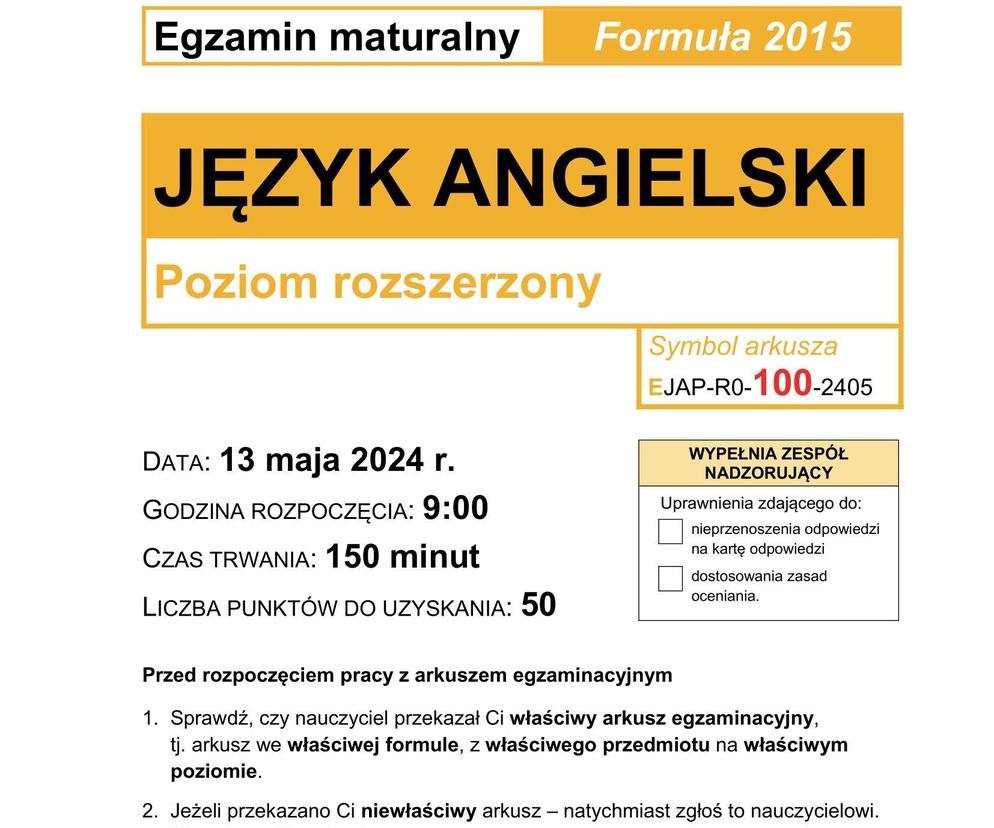 Matura 2024: angielski. Arkusze CKE i odpowiedzi. Poziom rozszerzony [Formuła 2015]