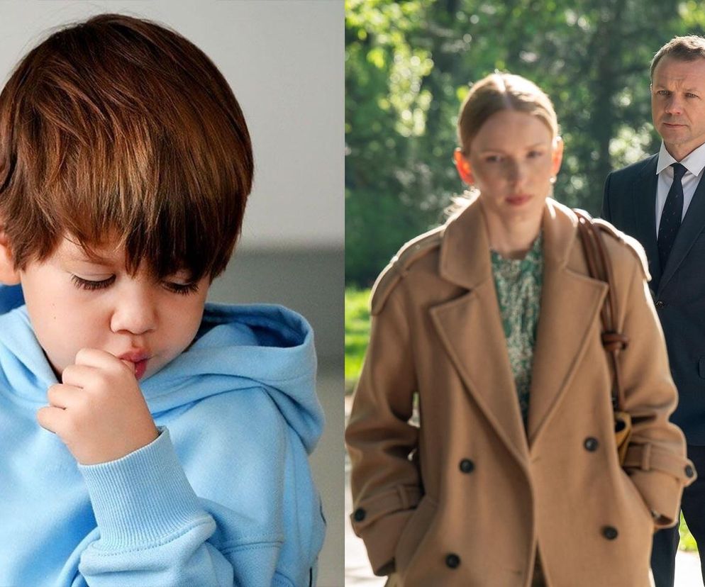 Zestawienie dwóch kadrów: smutny chłopiec Tadzio (Józio Trojanowski) w niebieskiej bluzie z kapturem, z palcem w ustach, oraz para aktorów z serialu Barwy szczęścia – Lesław Żurek jako Bruno i Karolina Rzepa jako kuratorka Jagoda. Na portalu Super Seriale przeczytasz o ich losach.