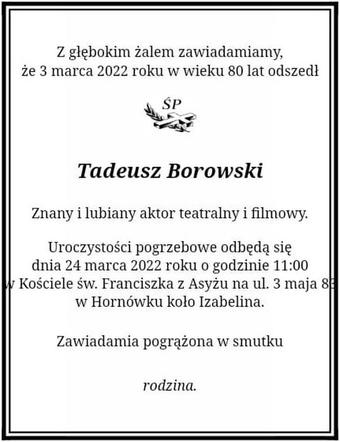 Kiedy odbędzie się pogrzeb Tadeusza Borowskiego?