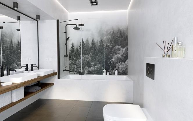 Łazienka bez płytek na ścianie – minimalistyczna fototapeta 