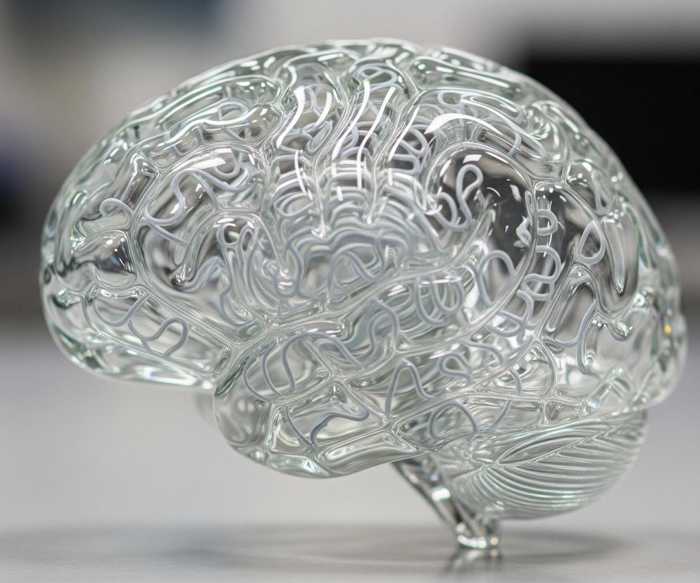 Centralnie umieszczony jest trójwymiarowy model ludzkiego mózgu, wykonany z przezroczystego szkła lub akrylu. Wnętrze modelu wypełnione jest nieregularnymi, wijącymi się strukturami w kolorze białym lub jasnoszarym, przypominającymi zwoje i bruzdy. Model stoi na jasnoszarej, gładkiej powierzchni, a tło jest rozmyte, z widocznymi jasnymi i ciemniejszymi obszarami, sugerującymi wnętrze pomieszczenia.