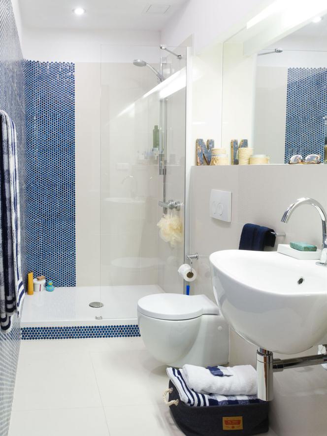 Biała łazienka z niebieską mozaiką