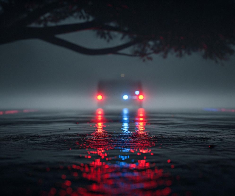 Na pierwszym planie widoczna jest mokra nawierzchnia, prawdopodobnie asfalt, odbijająca czerwone i niebieskie światła. W oddali, w centrum kadru, znajduje się samochód lub inny pojazd z włączonymi, jaskrawymi światłami: dwoma czerwonymi z tyłu i dwoma niebieskimi po bokach, wszystkie intensywnie świecące. Tło spowija gęsta mgła w odcieniach szarości, a po lewej stronie u góry majaczy ciemna sylwetka drzewa.