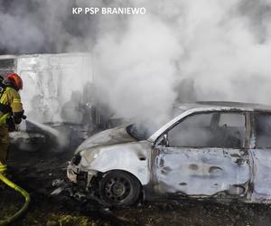 Nocny pożar w Pieniężnie. Spłonęło 8 wraków samochodowych!