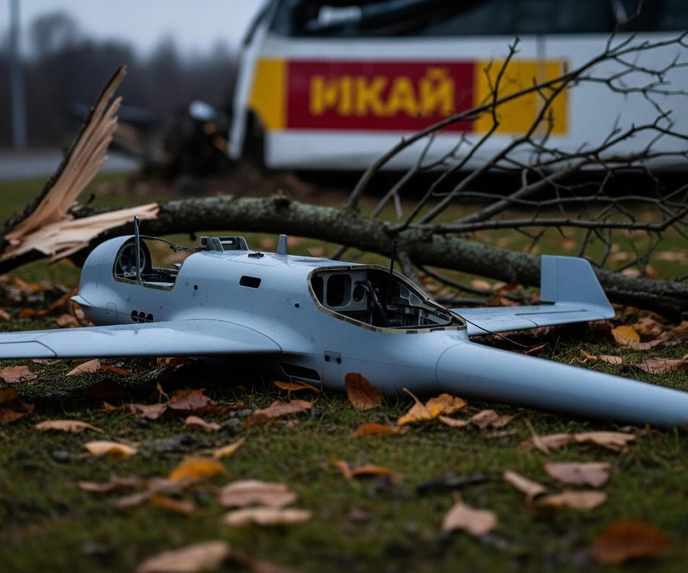 Na zdjęciu leży szary bezzałogowy statek powietrzny, podobny do małego samolotu, na trawie pokrytej opadłymi, brązowymi i żółtymi liśćmi. Jego skrzydła są szeroko rozłożone, a nos jest wydłużony i spiczasty, skierowany w prawą stronę obrazu. Kadłub aparatu jest częściowo otwarty, ukazując wewnętrzne mechanizmy. Pośrodku obrazu, za bezzałogowcem, leży duża, złamana gałąź drzewa z poszarpanym drewnem. W tle widać fragment białego pojazdu z czerwono-żółtym pasem i napisem cyrylicą ИКАЙ, natomiast dalszy plan jest rozmyty, przedstawiając ciemne sylwetki drzew i zamglone niebo.