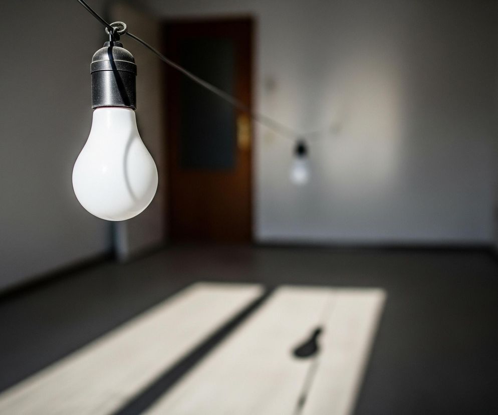 Biała, matowa żarówka z czarną oprawką, podwieszona na ciemnym kablu, znajduje się na pierwszym planie, lekko po lewej stronie. Kabel biegnie przez całą szerokość pustego pomieszczenia, w którym widać również inne, nieostre żarówki w oddali. Na ciemnoszarej podłodze leżą dwa jasne pasy światła słonecznego, rzucające cienie. W tle widoczne są jasnoszare ściany i brązowe drzwi z półprzezroczystą szybą.